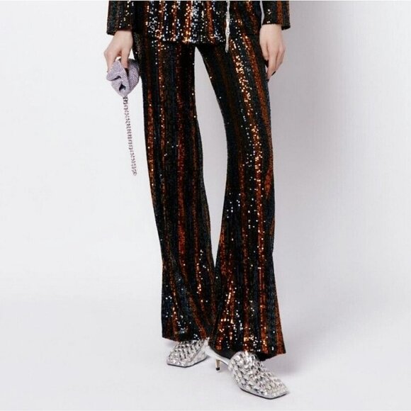 Zara Sequins Flared Semi Sheer Pants Sz S Blogger's Favorite Black Orange Party - Picture 1 of 6